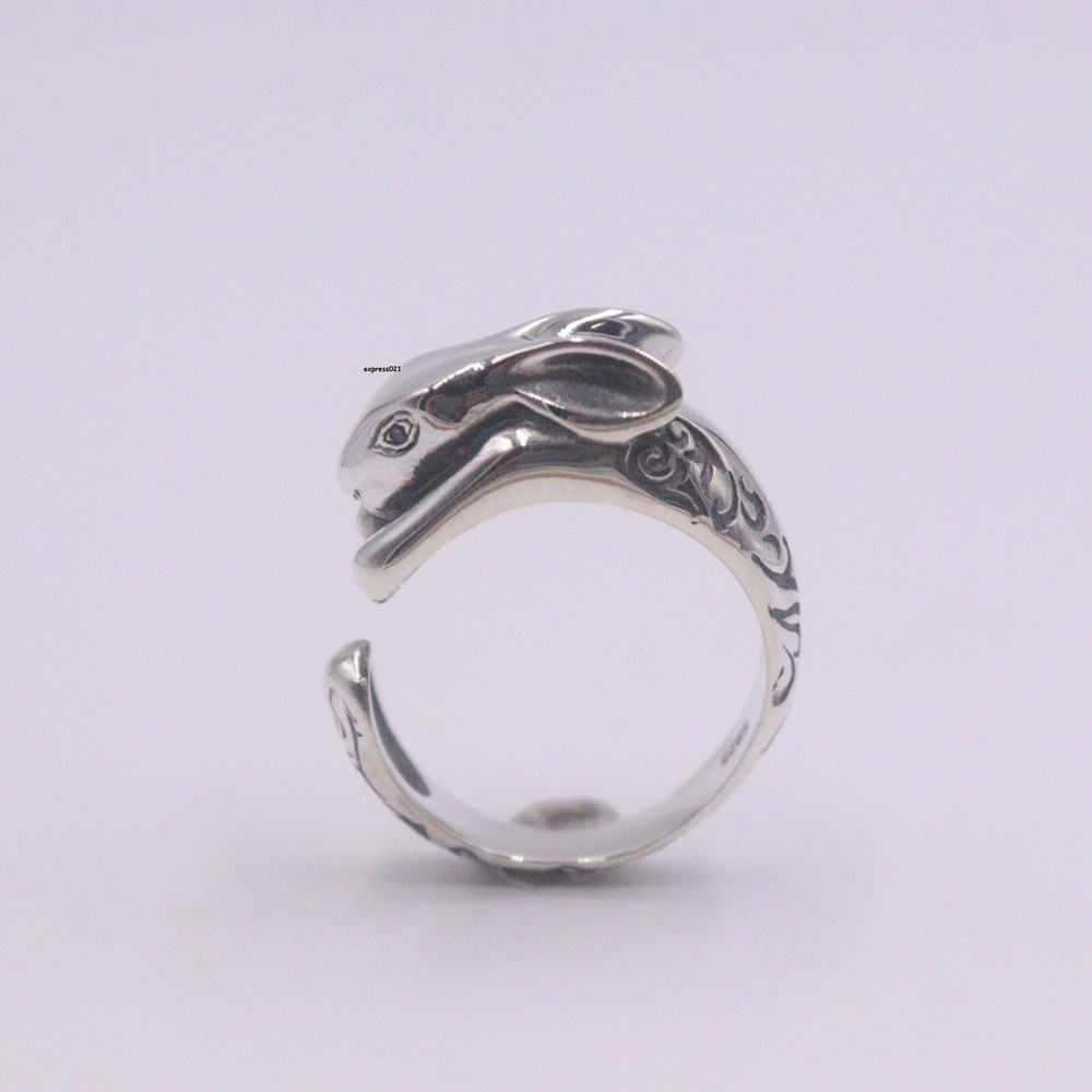 Real Solid 925 Sterling Silver Band Women Lucky Pattern Rabbit Open Ring