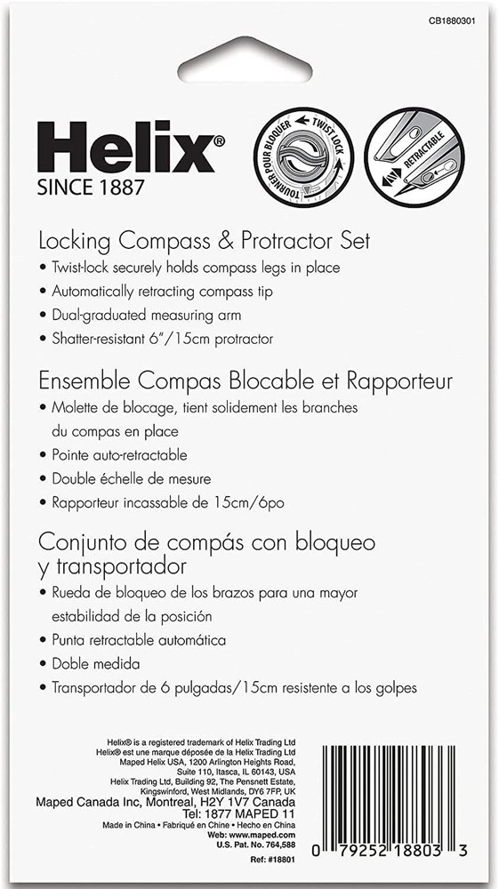 Helix - Plastic Locking Compass and Protractor - 2 Piece Set - Geometry, Draf...