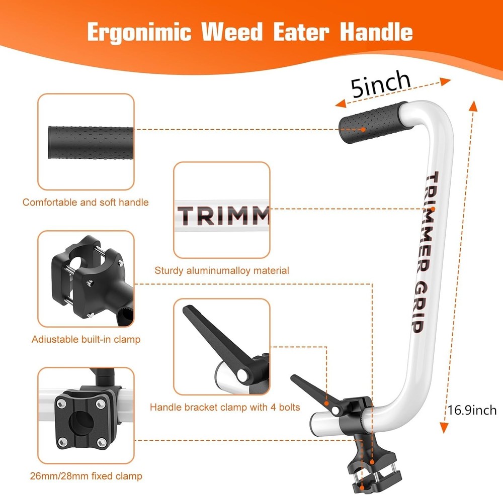 Ergonomic Weed Eater Handle Extension, Universal String Trimmer Silver