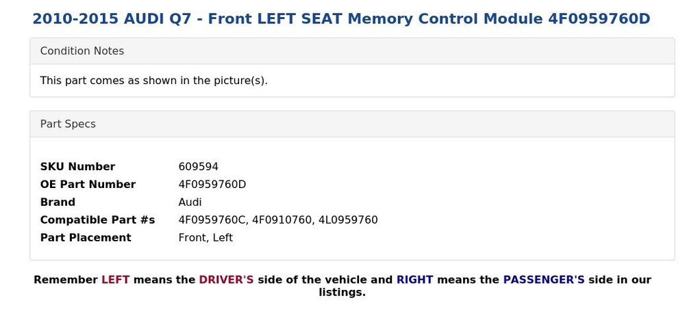 2010-2015 AUDI Q7 - Front LEFT SEAT Memory Control Module 4F0959760D