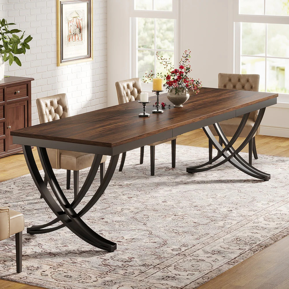 78" Rustic Brown Dining Table Large Rectangular Wood Metal Kitchen Table Seats 8