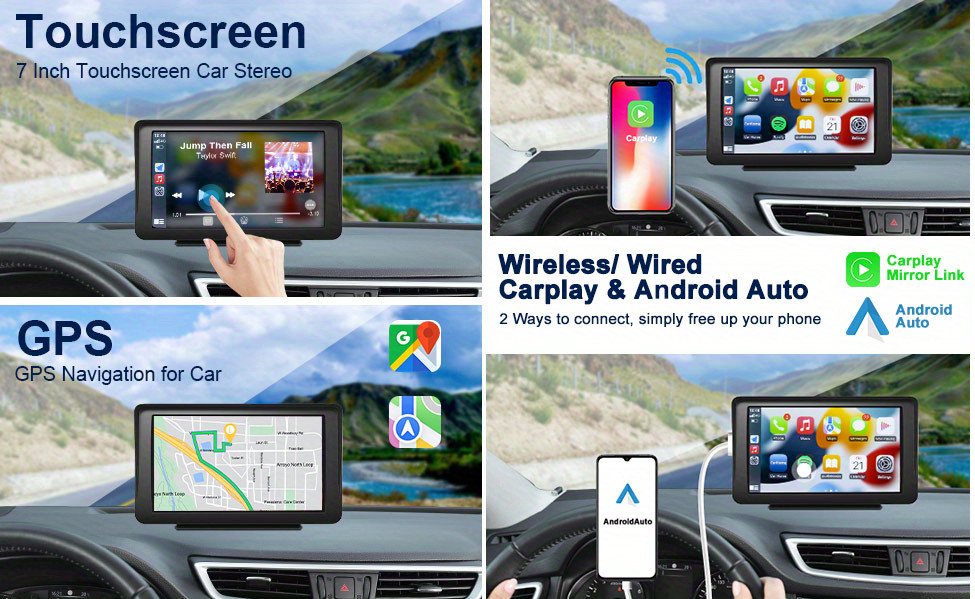 Portable Car Stereo Wireless Carplay Android Auto 7" Touchscreen MP5 PLAYER