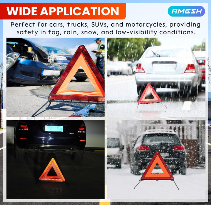 3 Pack Reflective Warning Triangles, Foldable Roadside Emergency Safety Kit