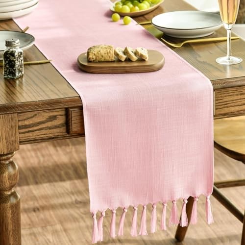Tassel Table Runner, Linen Blend Rustic 13" x 72", Table Runner Blush Pink