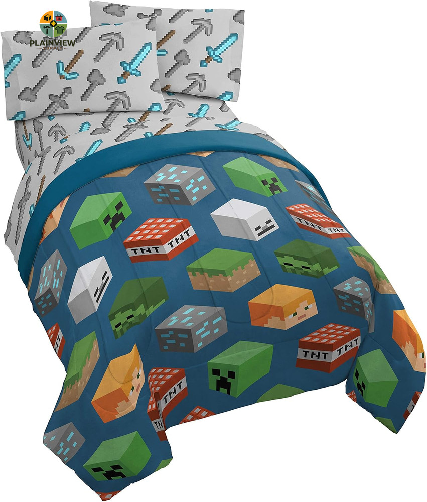 Minecraft Isometric 4 Piece Twin Bed Set - Includes Comforter & Sheet Set - Bedd