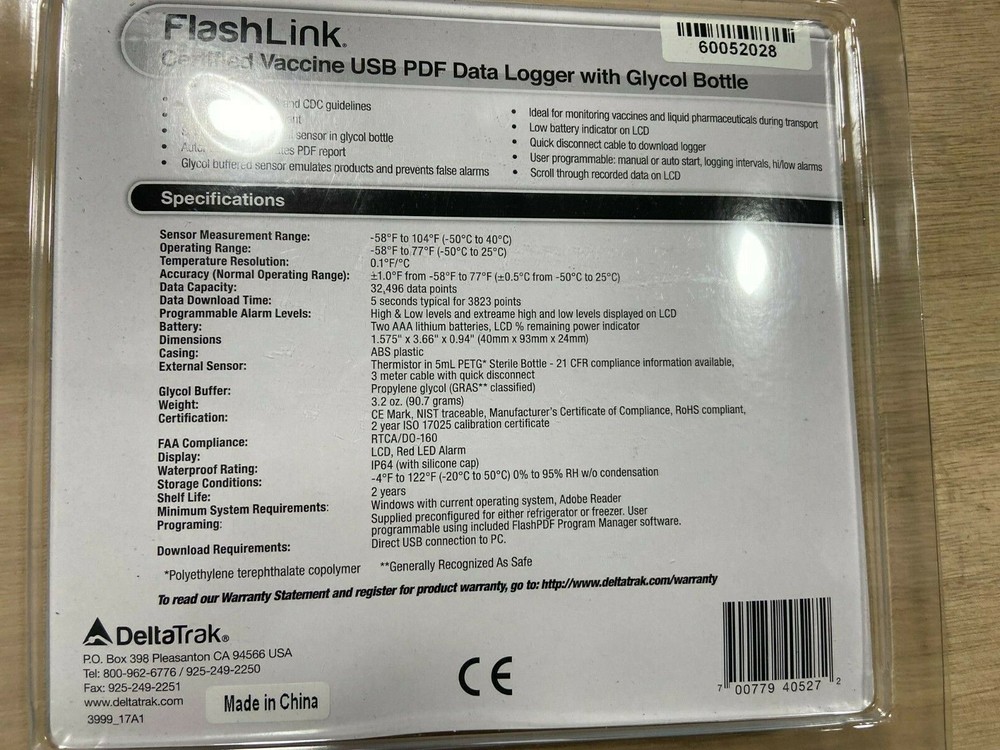DeltaTrak Flashlink Model 40527-01 Vaccine Temperature Data Logger Glycol Sensor