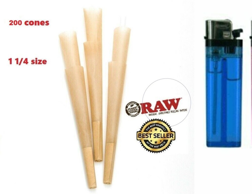 Authentic Raw Classic 1 1/4 Cones w/Filter tips pre rolled 200 CONE + LIGHTER