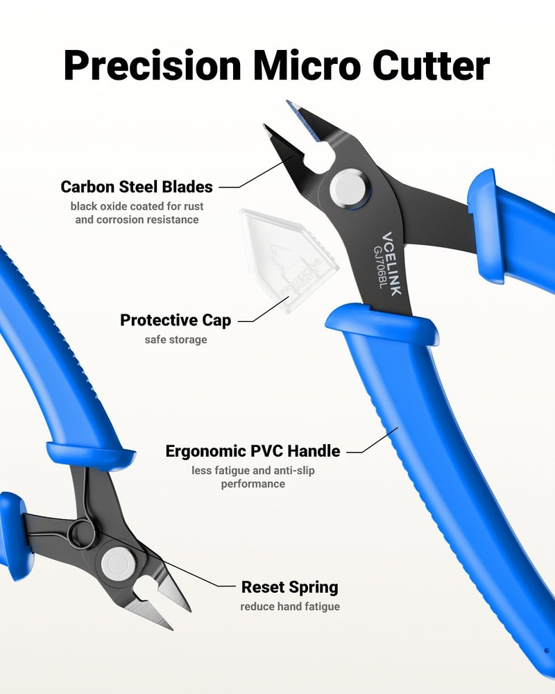 VCELINK Small Wire Cutter Spring-loaded GJ706BL, Precision Flush Blue