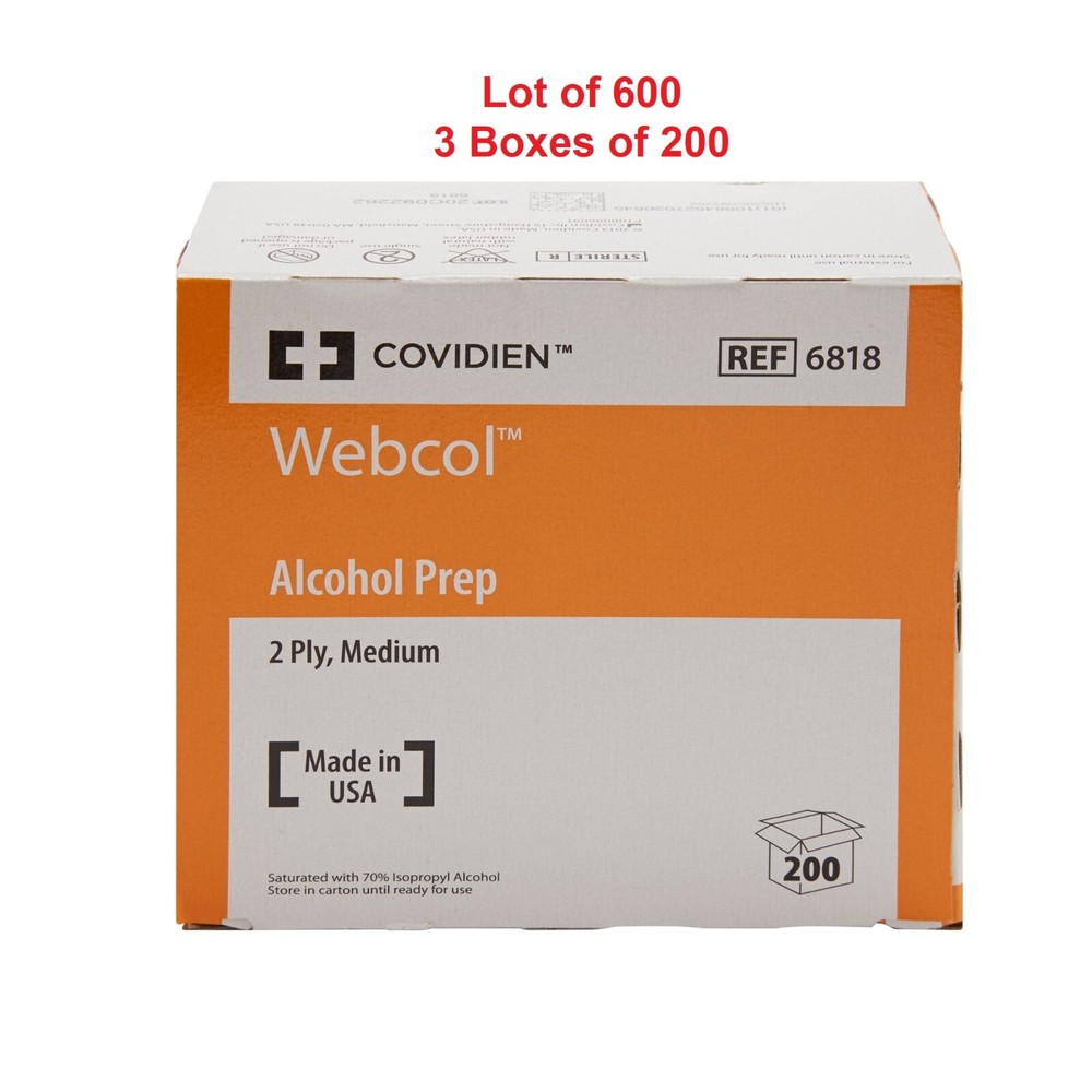 Webcol Alcohol Prep Pad Sterile 70% Strength Medium REF 6818, 3 Boxes 600 Pads