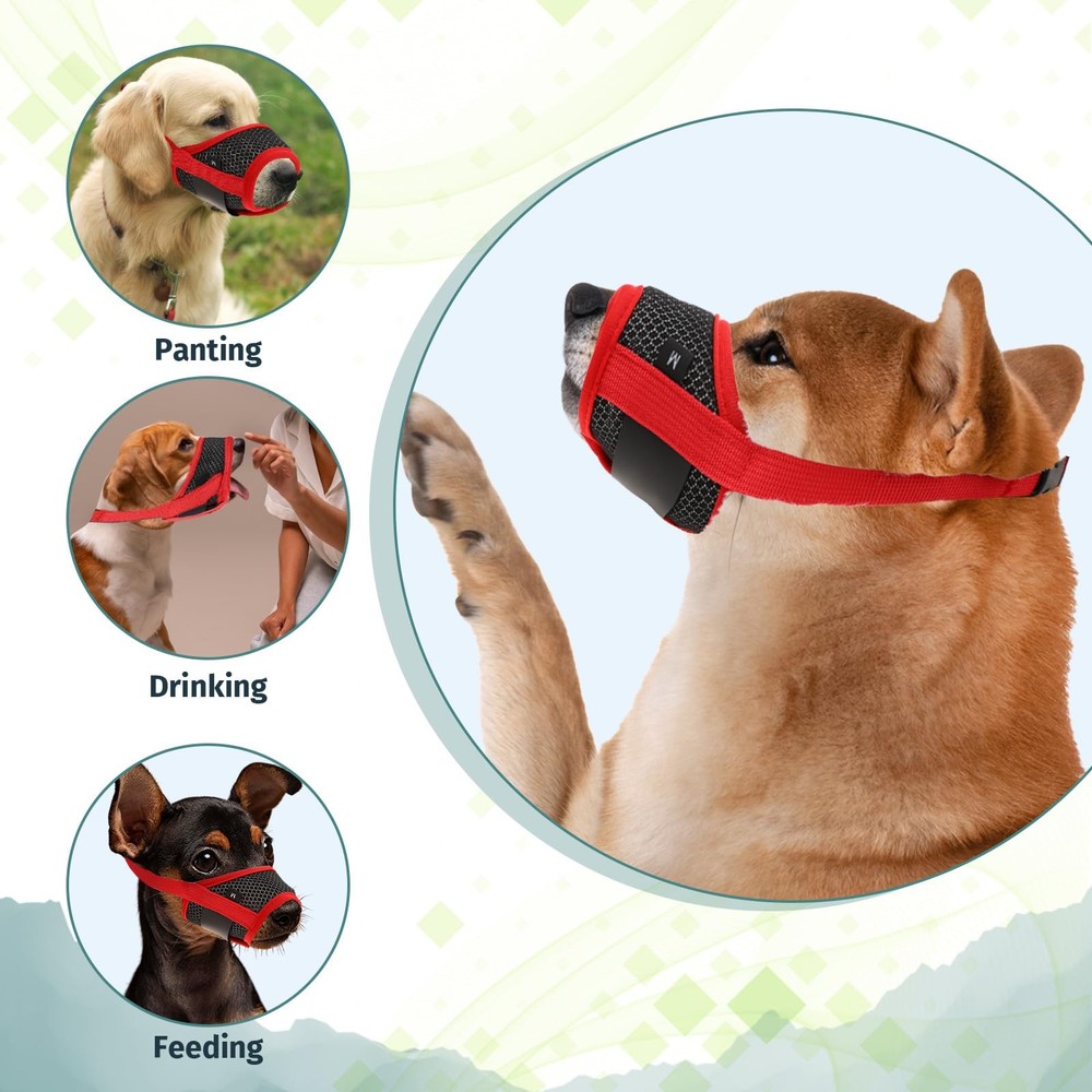 Soft Nylon Muzzle Breathable Mesh Fabric Anti Barking Adjustable Red Small