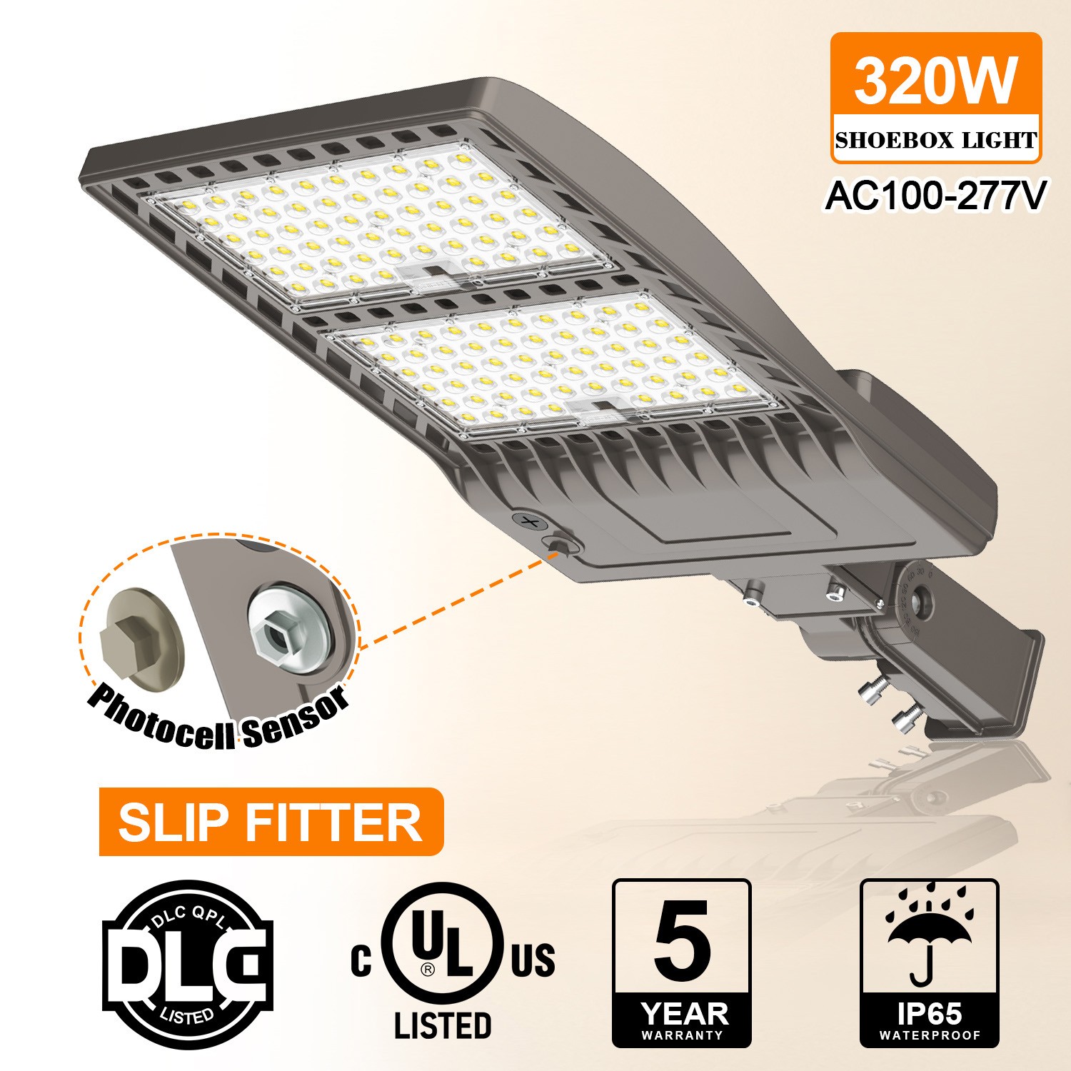 320W LED Parking Lot Light with Dusk-to-Dawn Photocell Commercial Street Lights