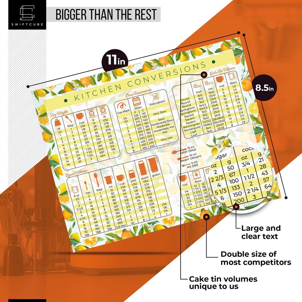 SwiftCube Kitchen Conversion 11 x 8.5 inches, Conversions Oranges & Lemons