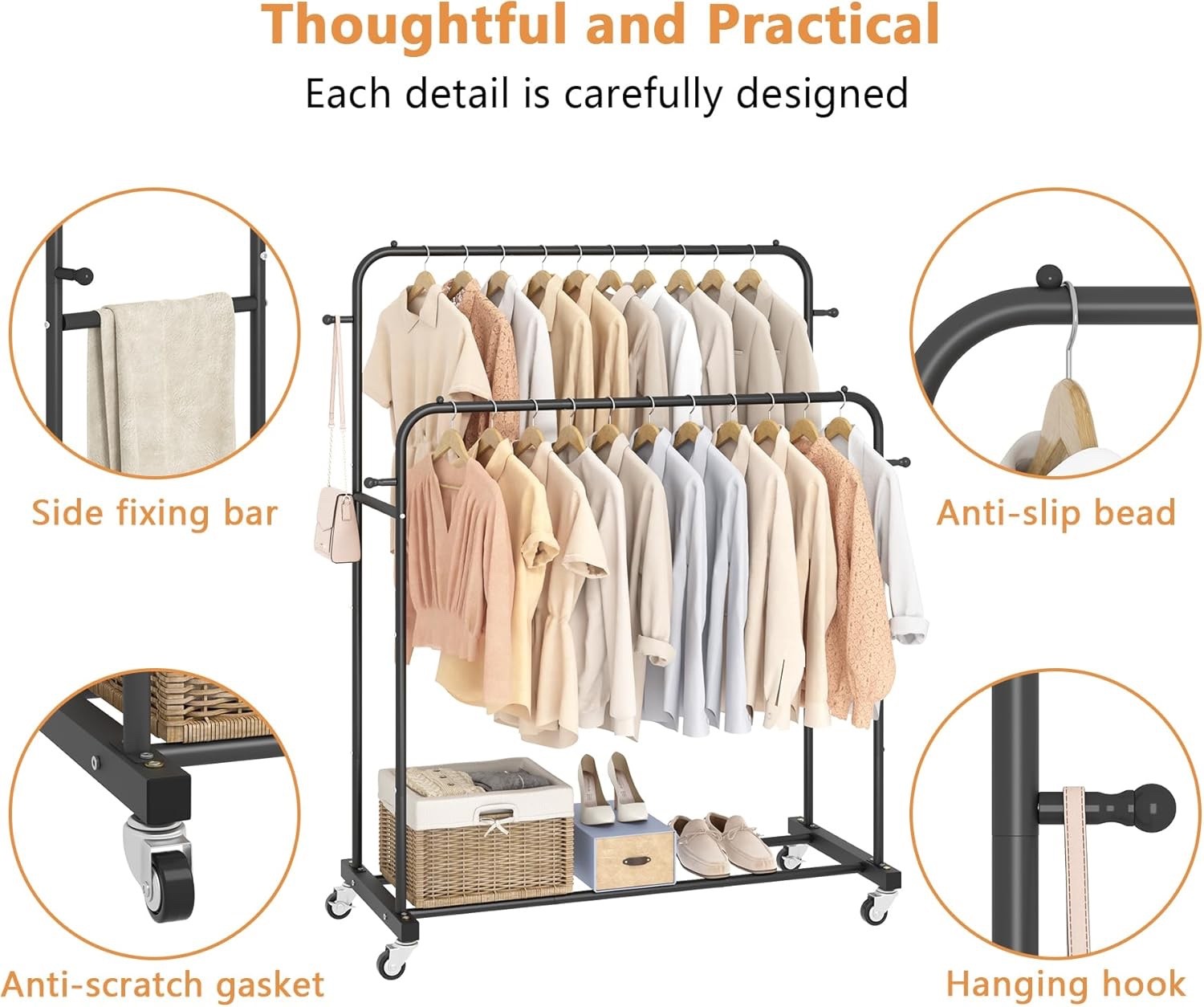 Laiensia Double Rods Garment Rack with Wheels, Clothing Rack for Hanging Clothes