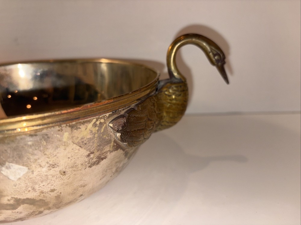 Antique Solid Brass Silverplate Large Bowl With Duck Handles