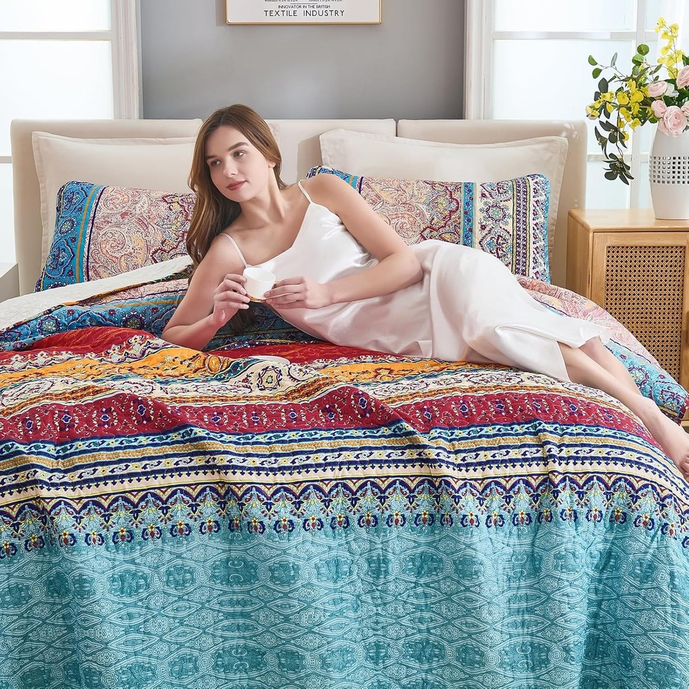 Bohemian Quilt Set Oversize Cal King Boho Striped Printed Bedding Bedspread