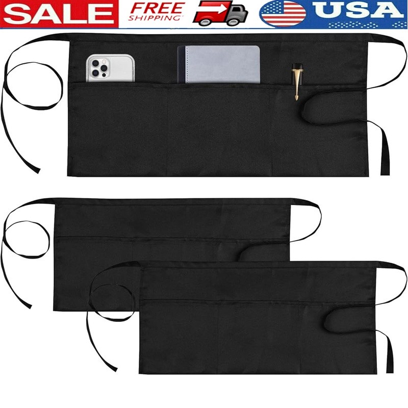 3 Pack Server Apron W/ Large Pockets Durable Polyester Kitchen Workwear New