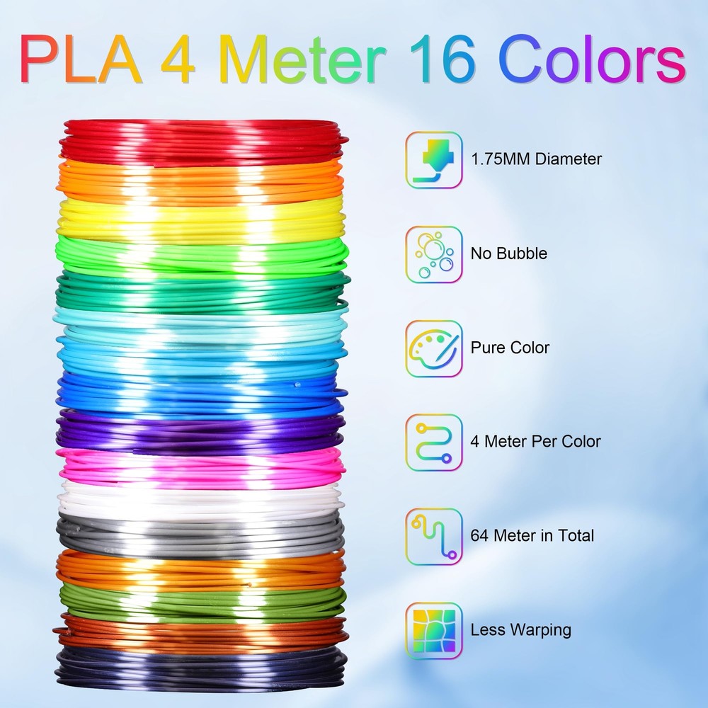 Silk Shiny PLA Filament Sample Set 16 Colors 64m 3D Printer Pen Refill Materials