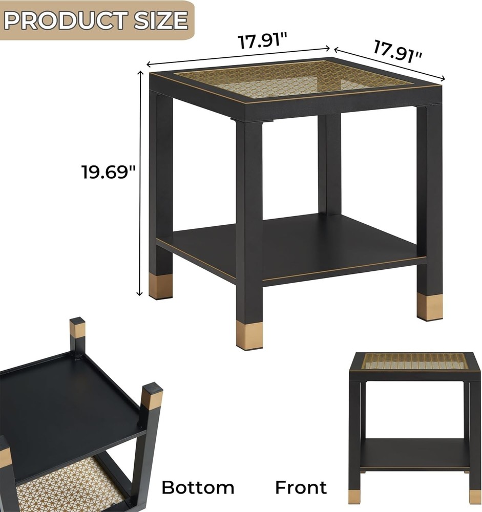 Square Side Table with Shelf Boho Style Glass End Table Nightstand