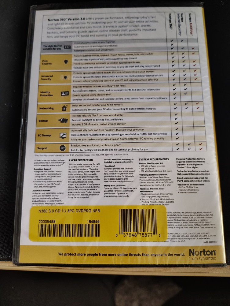 Norton 360 Version 3.0 All In One Security Software 3 pc's  B12