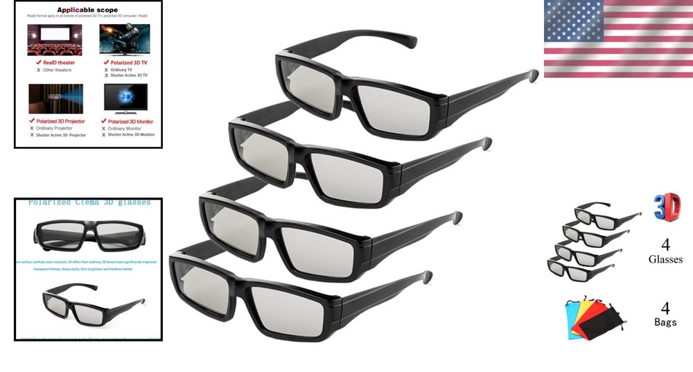 Enhance 3D Experience with 4 Pack Passive Polarized Glasses for TVs & Projectors