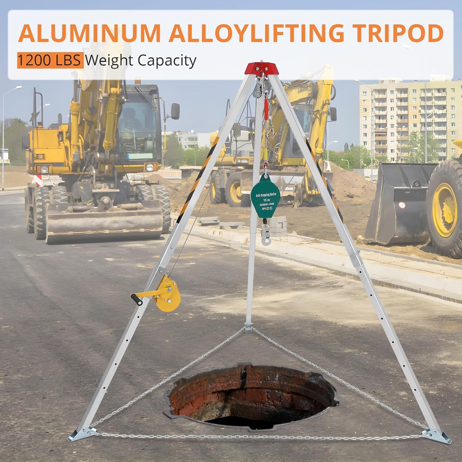 Safety Confined Space Lifting Winch Tripod Sewer Rescue Pole Kit with 1200 LBS