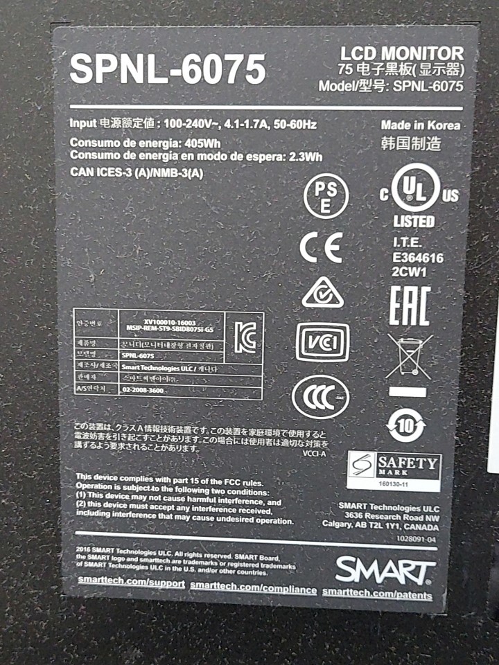 SMART SMARTBOARD SPNL-6075 75" 1031833 Interactive Touch Display Panel SEE NOTES