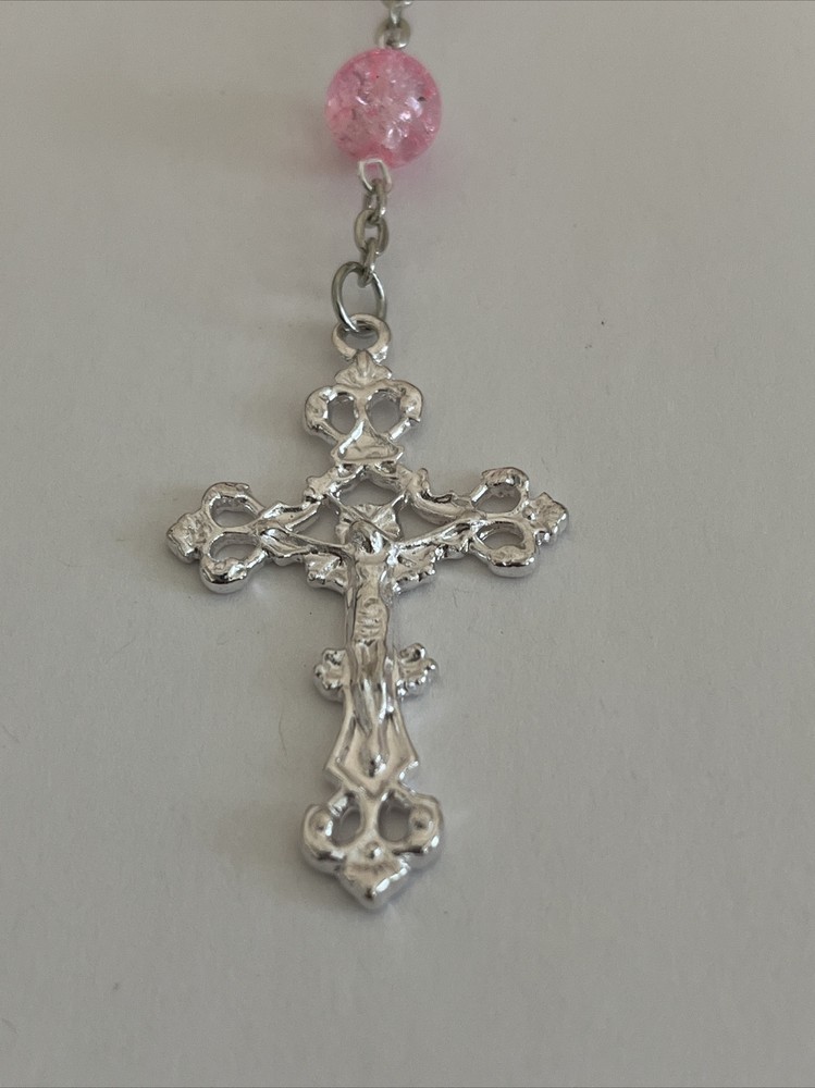 Pink 8mm Crackle Glass Prayer Catholic Rosary Beads