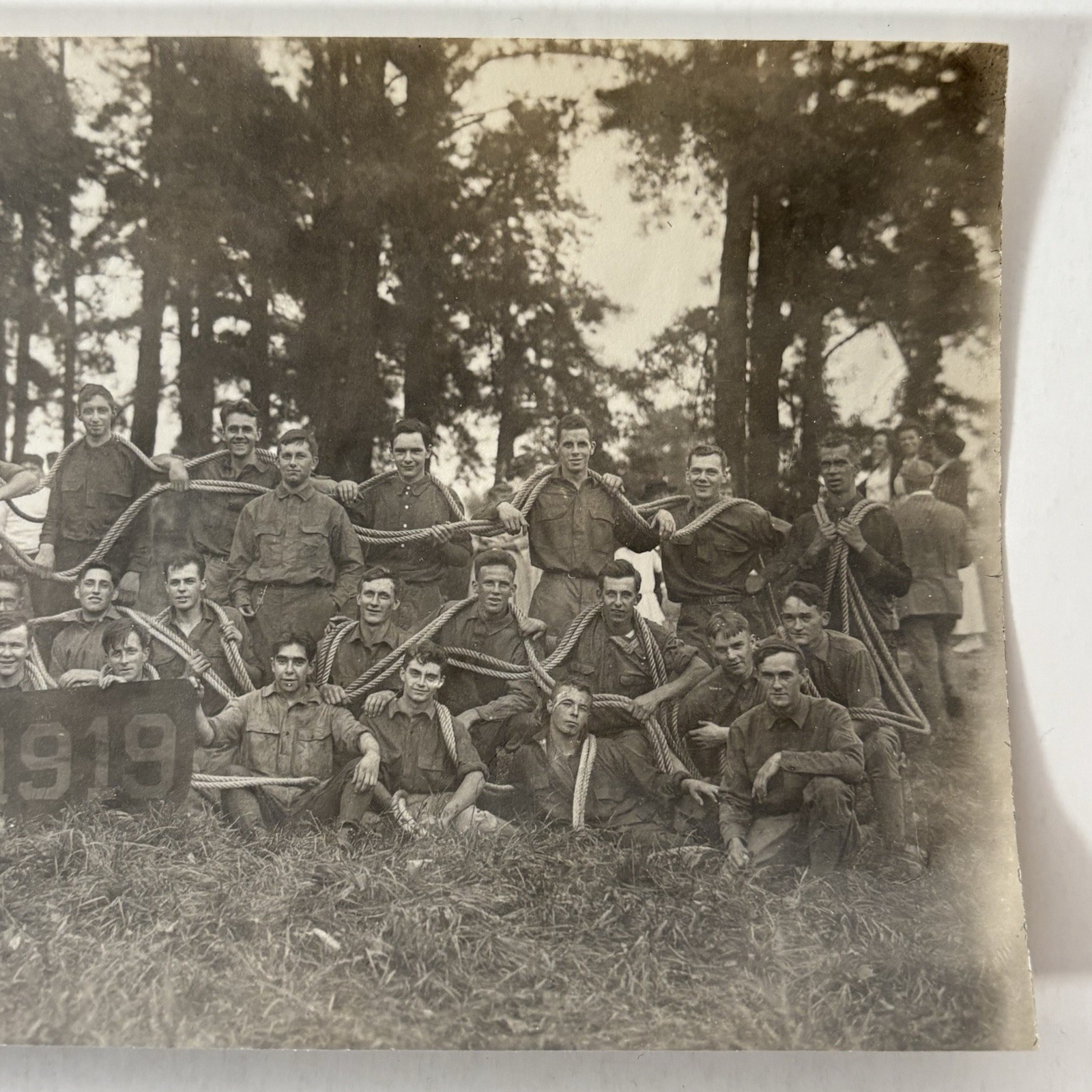 Antique 1919 WWI Era Photo US Soldiers Army Camp Flag Double Rope Original Odd