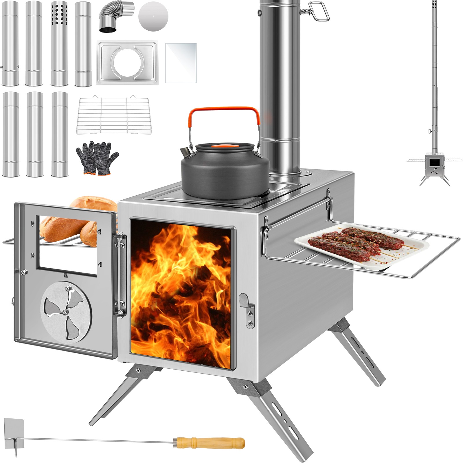 Camping Stove for Tent, Portable Stainless Steel Stove with 7 Chimney Pipes