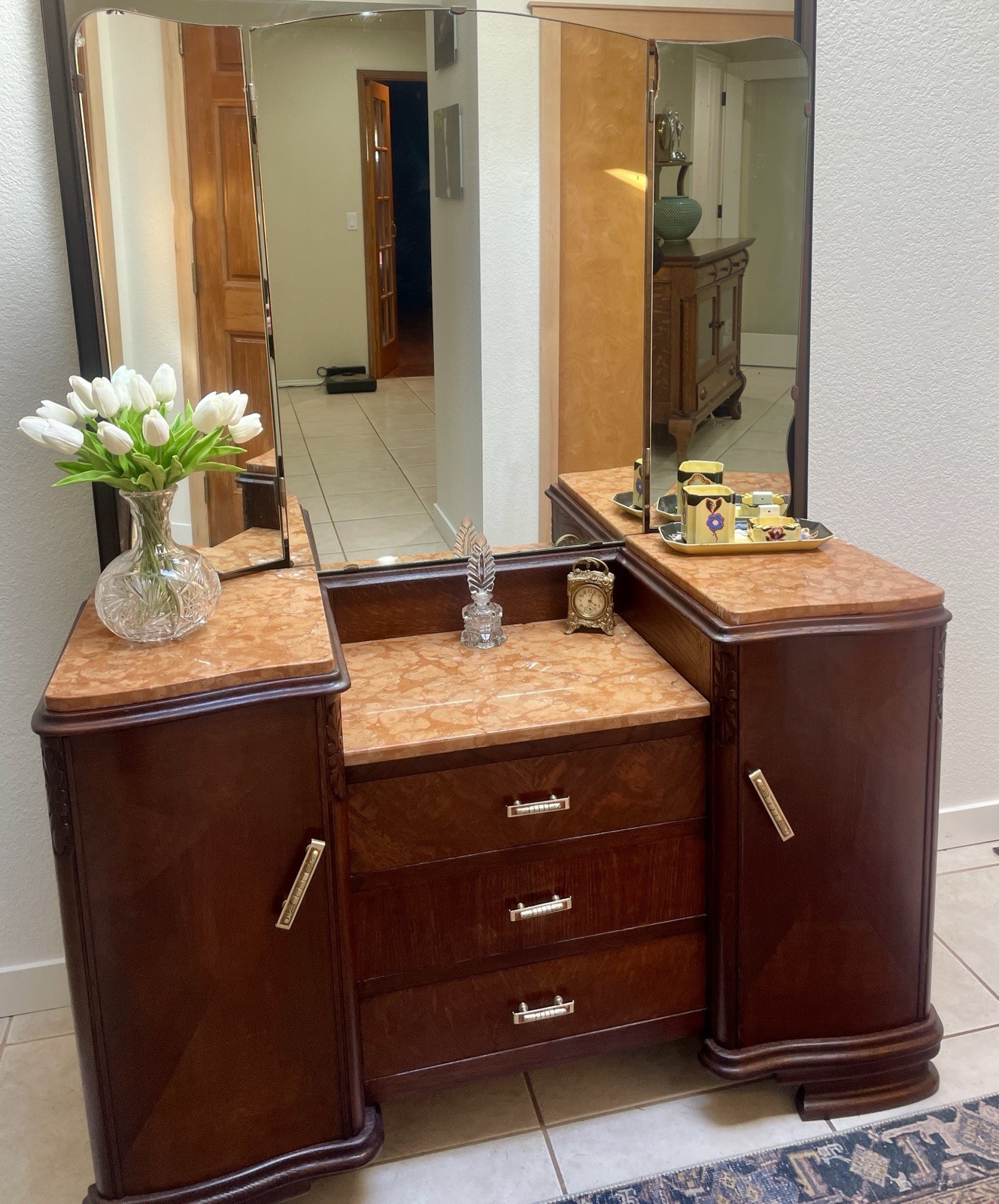 Marble Topped Art Deco Vanity, Dressing Table or Entry Console