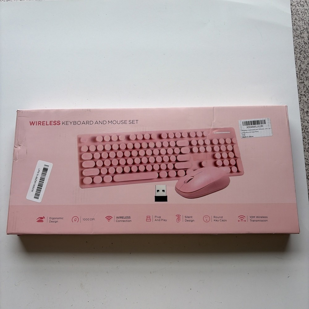 Wireless Keyboard and Mouse Combo, Full Size Compact Quiet Wireless Pink