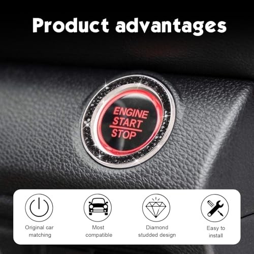 2 PCS Bling Push Start Button Cover, Crystal Rhinestone Engine Start Black
