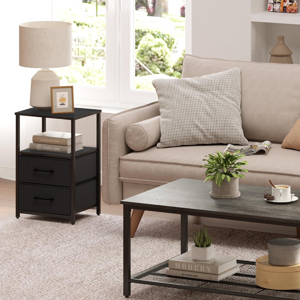 End Table, Night Stand, Side Table, Nightstand with Cloth Drawer, Bedside Tab...
