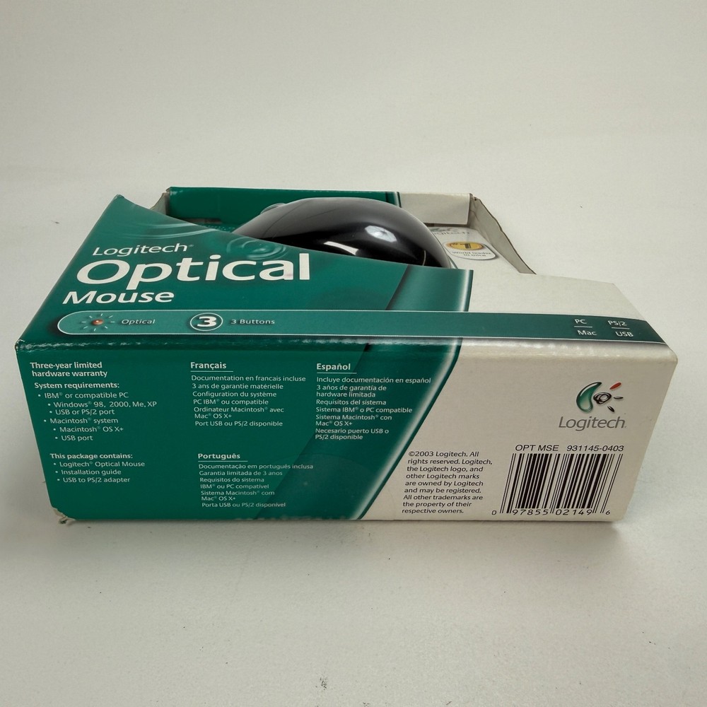 Logitech Optical 3 Button Mouse PC Mac 931145-0403 Vintage Computing NOS