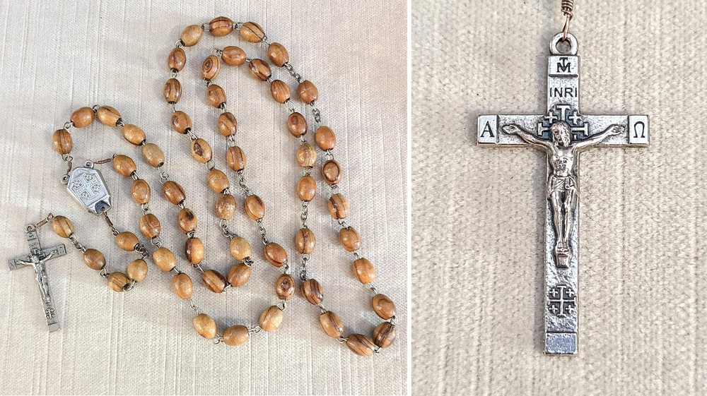 Vintage Rosary Jerusalem Olive Wood Beads Cross Crucifix Jordan Water Relic Cntr