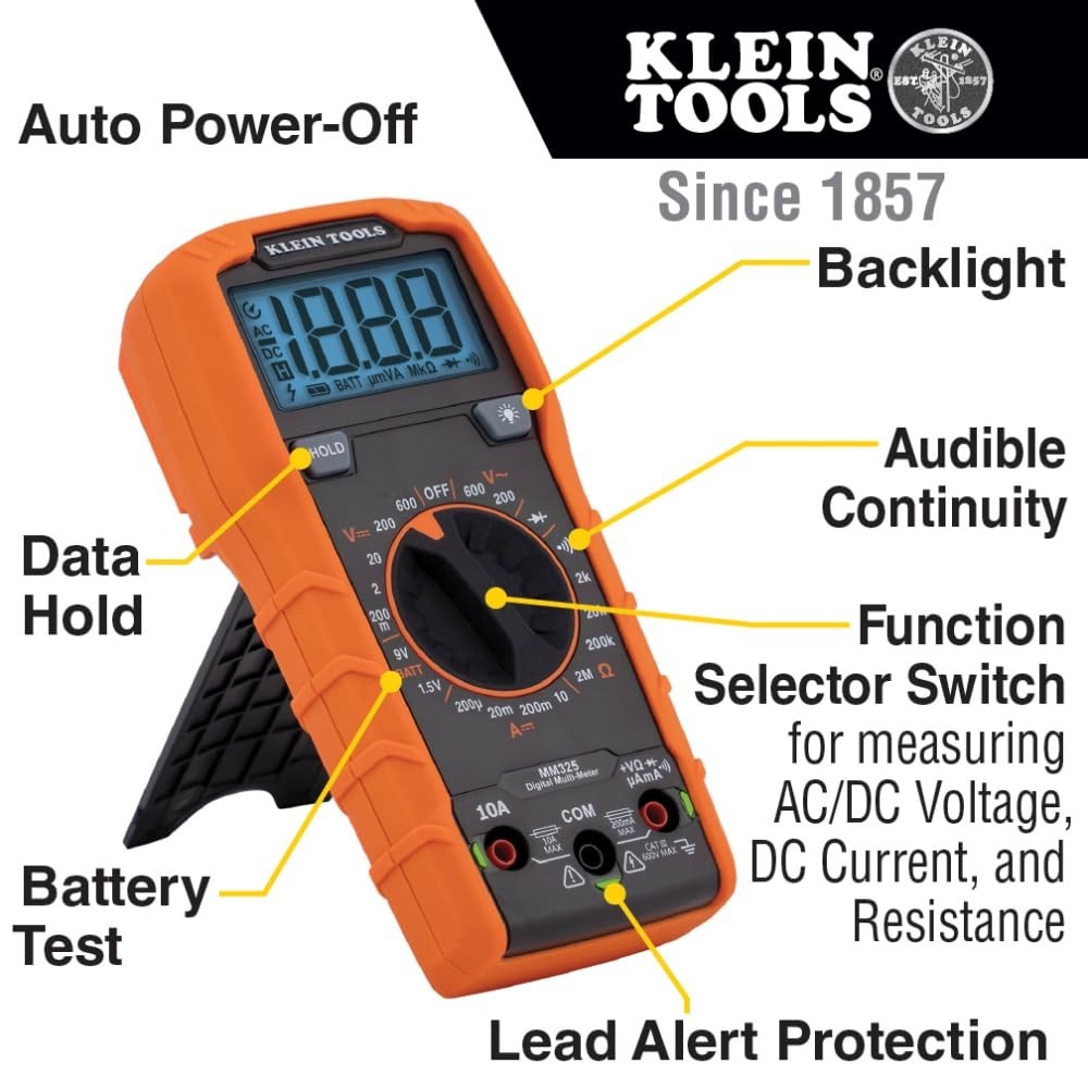 Battery-Powered Digital Multimeter with Backlit Display & Lead Alert Features