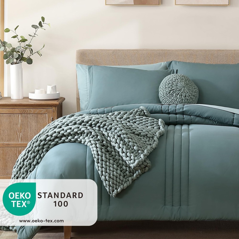 Comforter Set 7 Pieces Blue Green Solid 002 Monbix Queen Bedding Sets Comforters