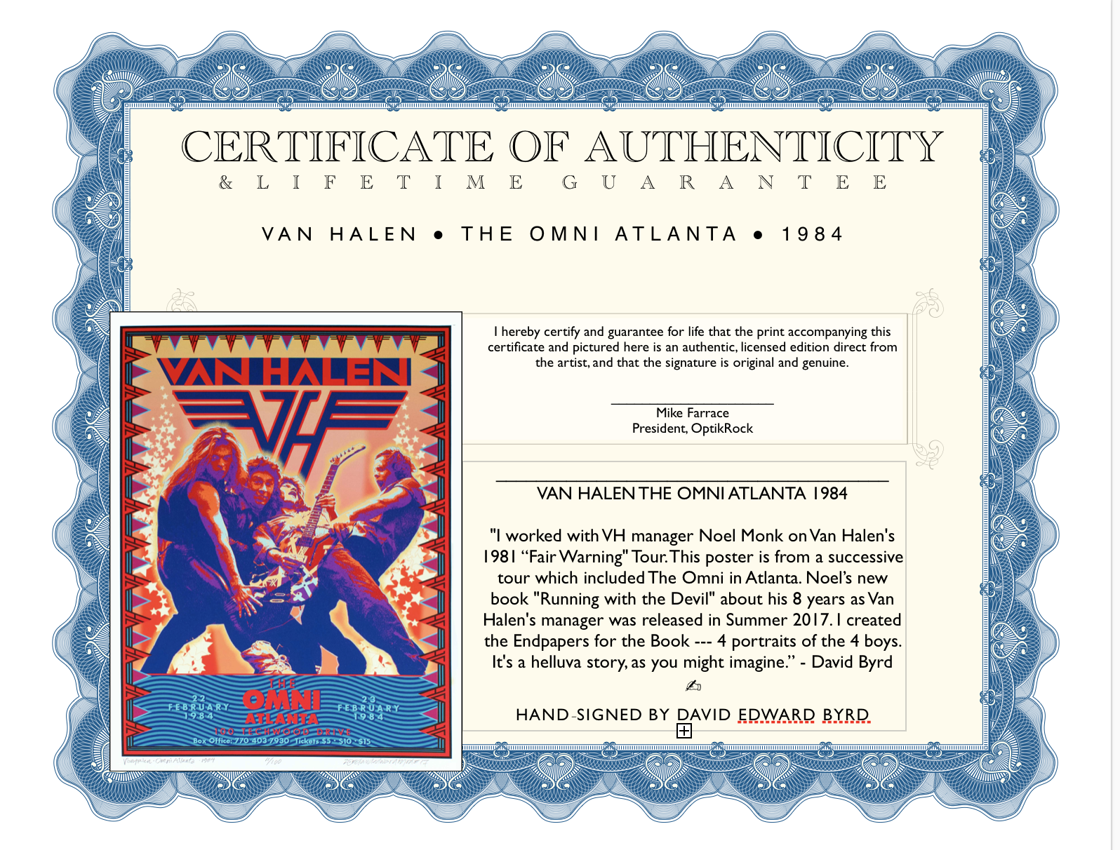 VAN HALEN Poster New Artist's Tribute 1984 Tour Omni Atlanta Signed David Byrd