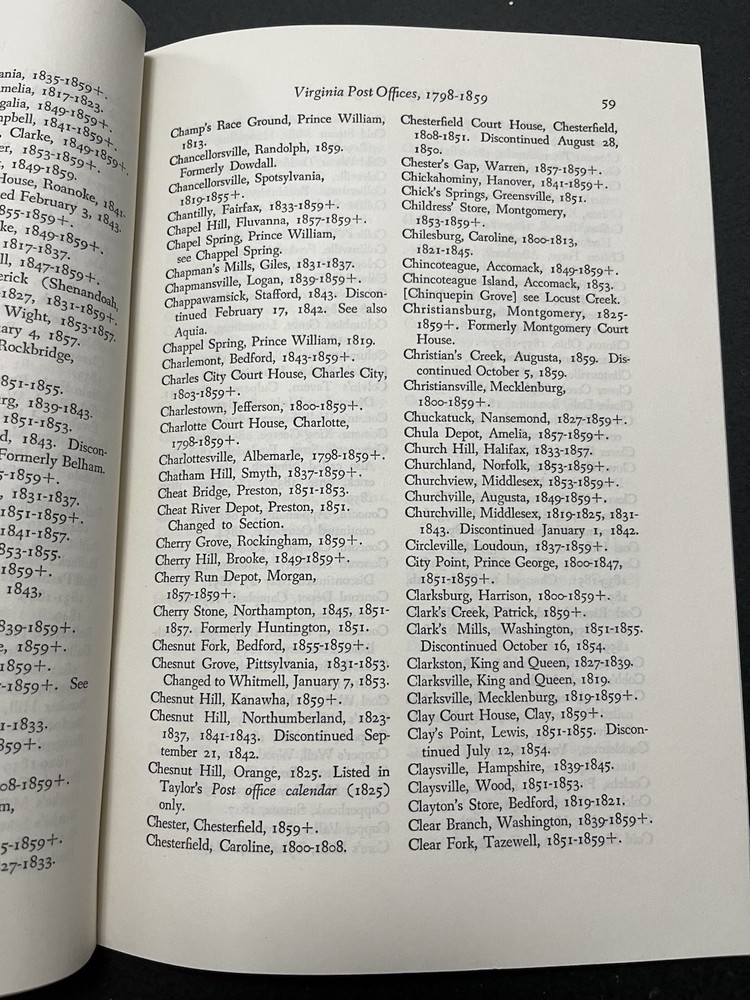 Virginia Post Offices by Virginius Cornick Hall 1798 - 1859