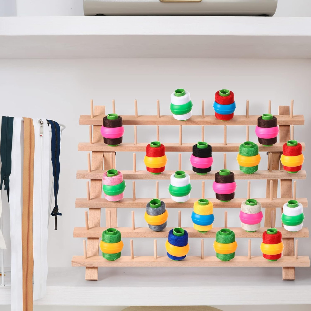 60 Spools Wooden Thread Rack and 48 Pcs Thread Spools Savers/Spool Huggers with