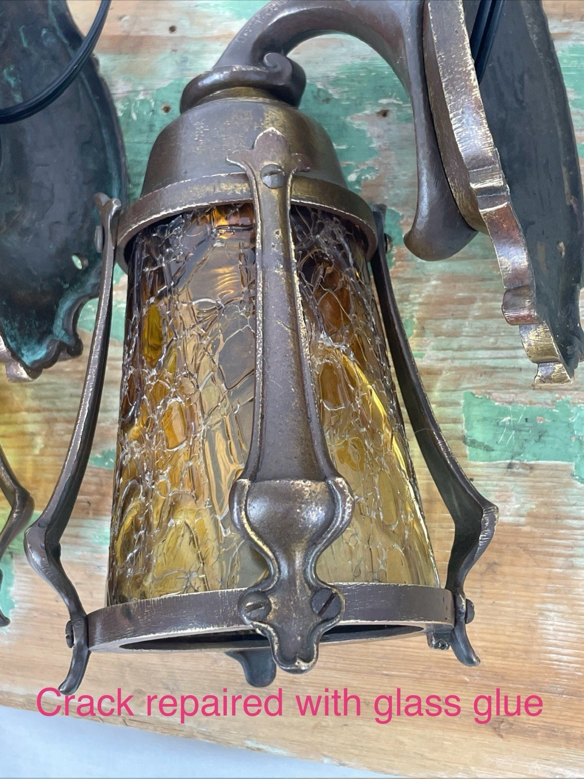 RESTORED Pair Antique Vtg Tudor Arts Crafts Wall Sconces Amber Glass Porch Light