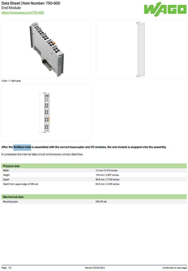 WAGO 750-600 End Module Fieldbus Node
