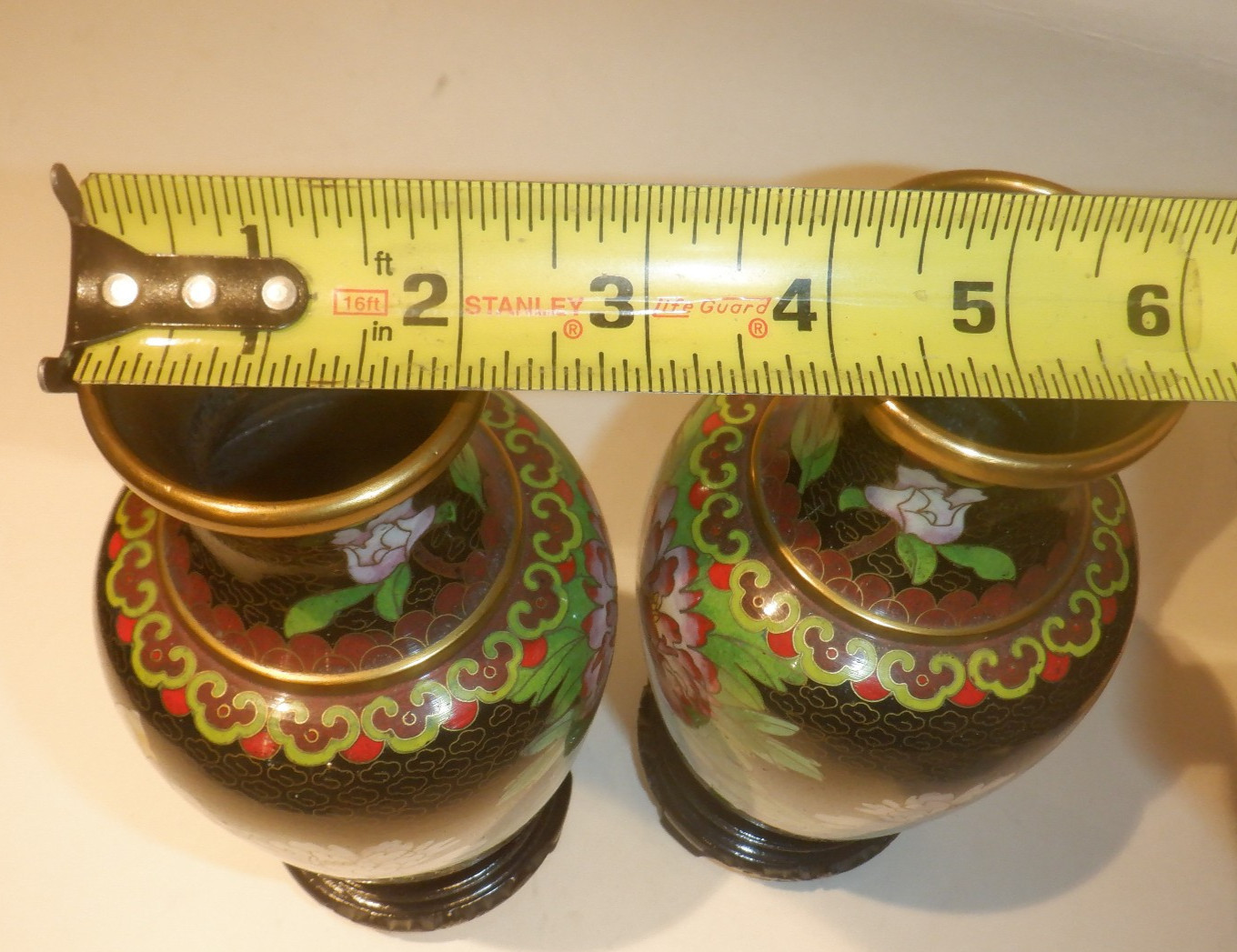 Pair of Vintage Cloisonne' Brass & Enamel Chinese Floral Vases w/Wood Stands