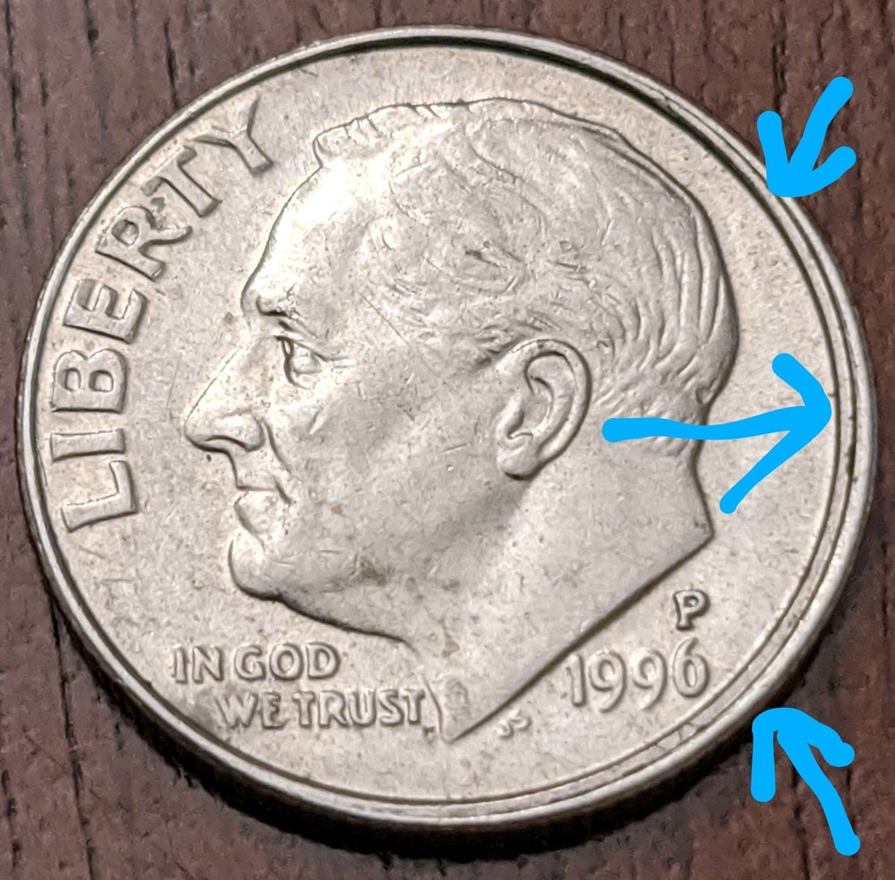 Extremely rare 1996 Roosevelt Dime P Mint Error. "Double Strike"