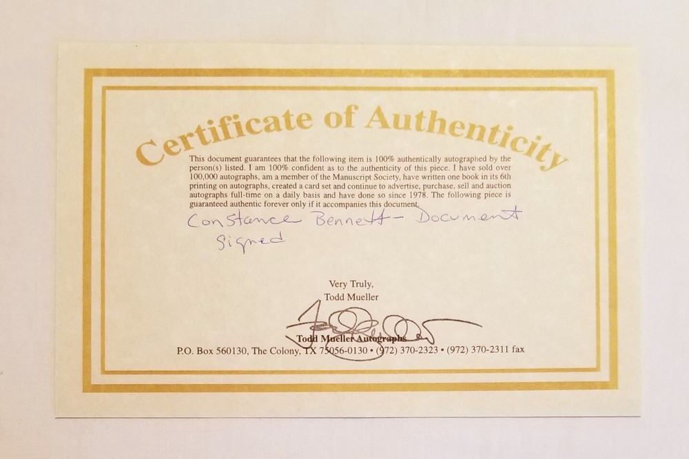 Constance Bennett Signed William Morris Document 1957 Contract Release COA RARE