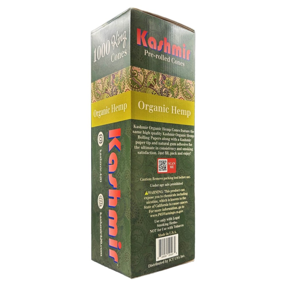 Kashmir Pre Rolled Cones King Size Organic Rolling Papers Bulk Pack: 1000 Cones