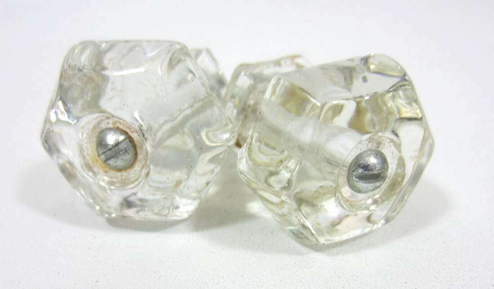 Antique Lucite Clear Drawer Pull Handles Pair 2 Button Style Crystal Look
