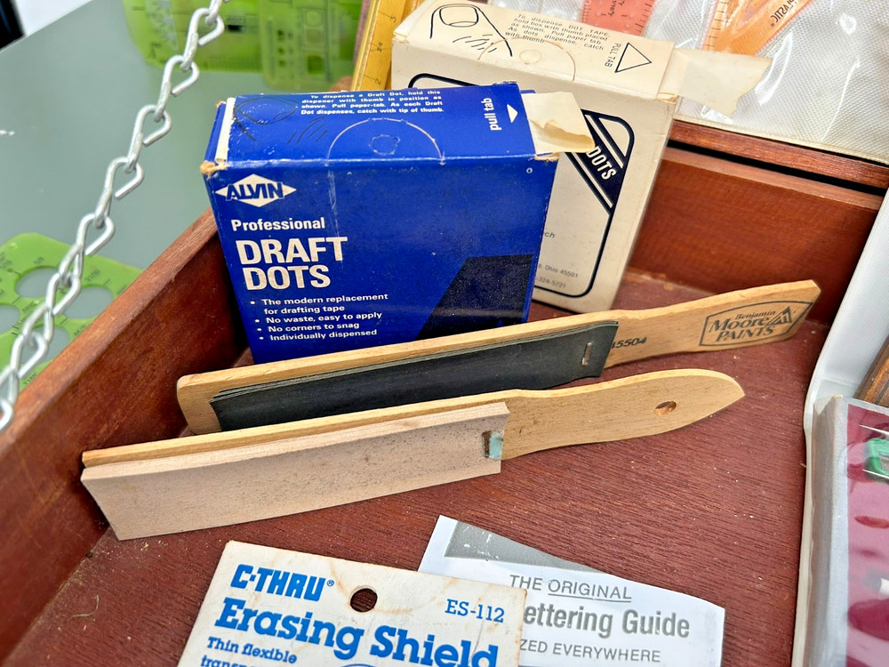 LARGE VINTAGE Tool Lot: Drafting Instruments, Precision Files, Templates & Case