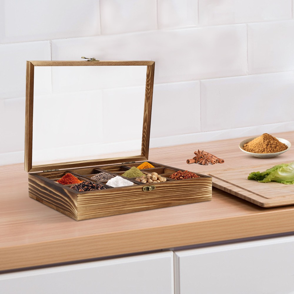 12-Compartment Wooden Spice Box with Spoon - Elegant Kitchen Storage Solution