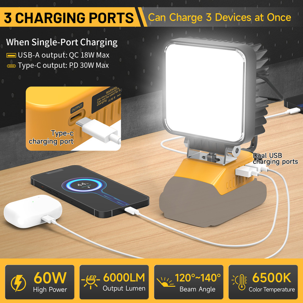 60W Work Light LED Compatible with Dewalt 20V Battery 6000LM,USB,Type,Emergency